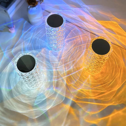 Crystal Touch Lamp - 16 Color RGB Rechargeable Night Light, Rose Wave Diamond Bedside Lamp for Bedroom, Living Room, Game Room - Ambient Mood Lighting