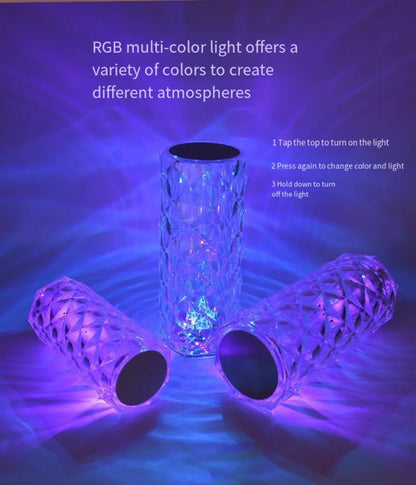 Crystal Touch Lamp - 16 Color RGB Rechargeable Night Light, Rose Wave Diamond Bedside Lamp for Bedroom, Living Room, Game Room - Ambient Mood Lighting